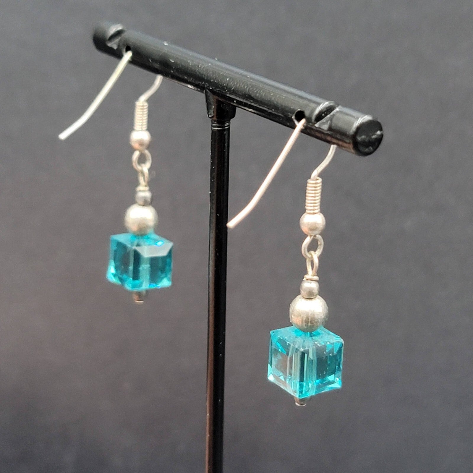 Pierced Earrings Silver tone Square Blue Crystal Bead Dangle 7/8"