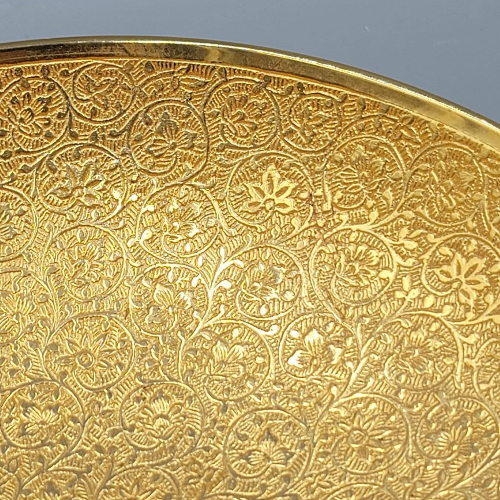 Etched Brass Bowl Gold Tone Floral Arabesque Footed Decorative Dish 9.25"