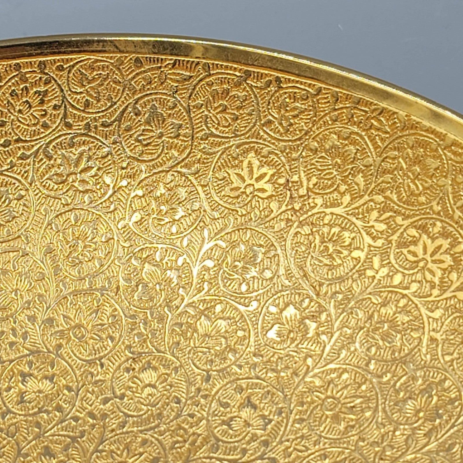 Etched Brass Bowl Gold Tone Floral Arabesque Footed Decorative Dish 9.25"