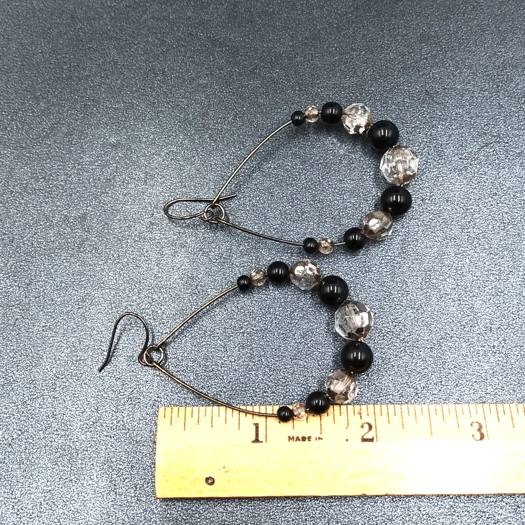 Pierced Earrings Gun Metal Gray Teardrop Wire Loop Acrylic Beaded Dangle 2"