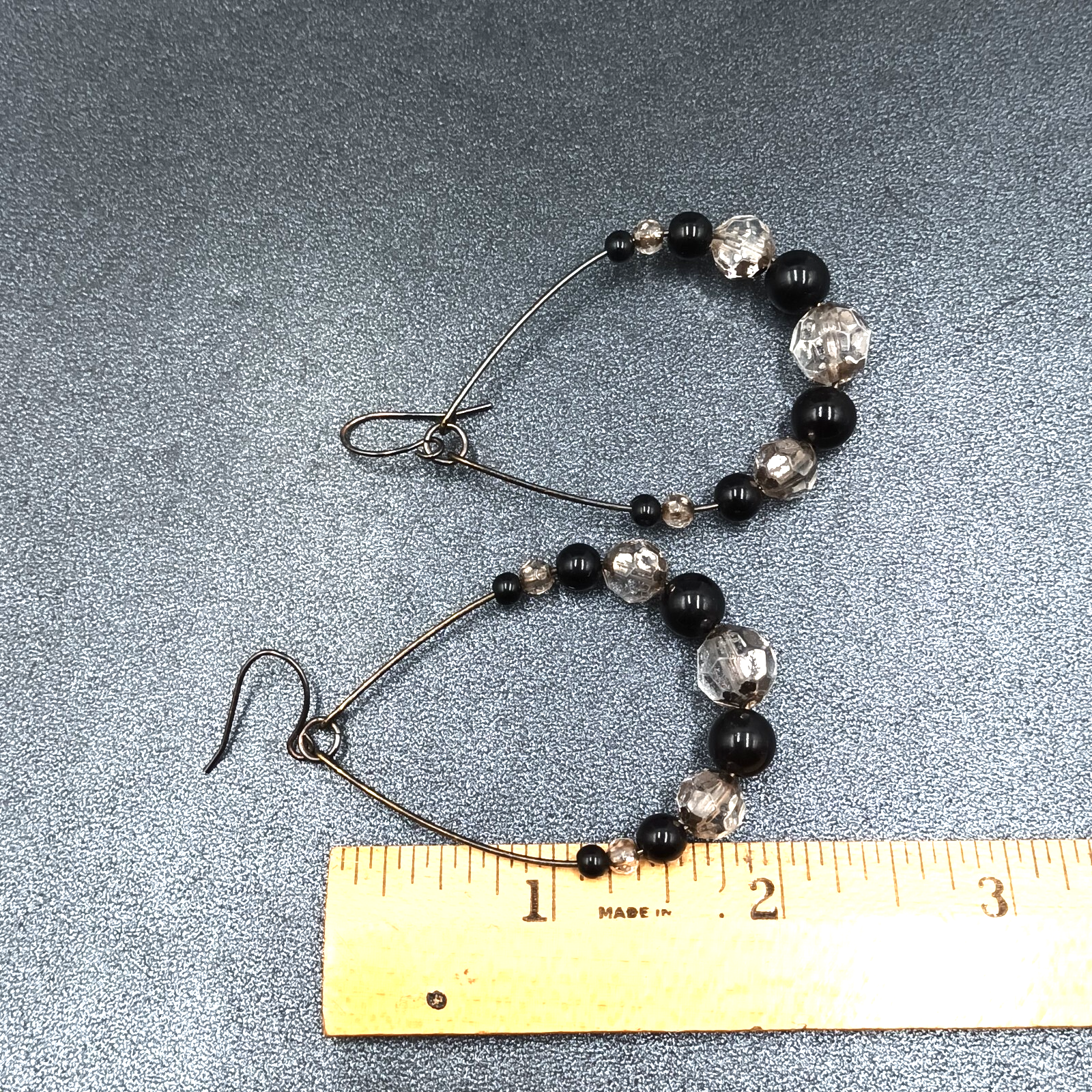 Pierced Earrings Gun Metal Gray Teardrop Wire Loop Acrylic Beaded Dangle 2"