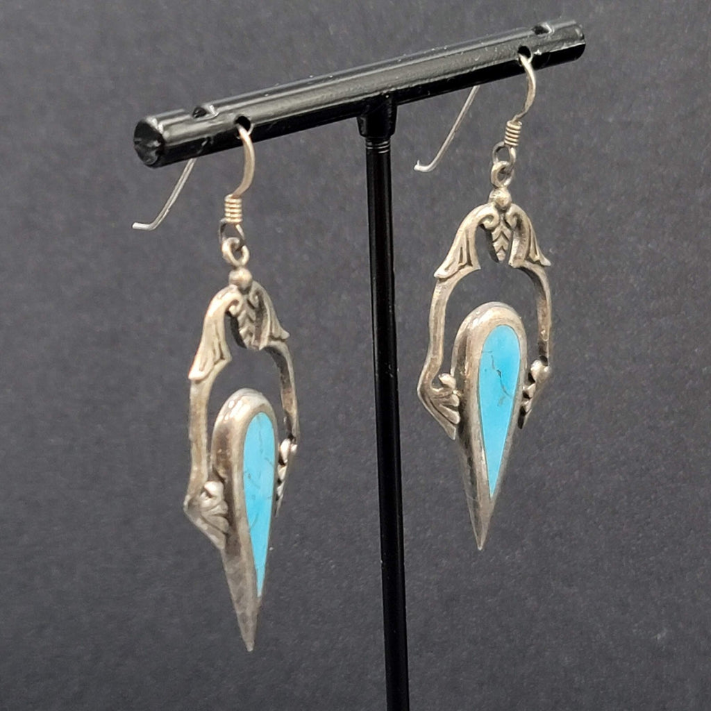 Sterling Silver Pierced Earrings Unique Blue Turquoise Dangle 1.75"