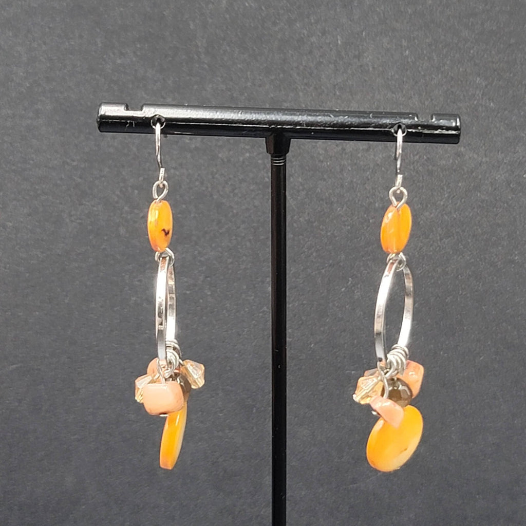 Pierced Earrings Silver tone Orange Shells Dangle Beads 2"