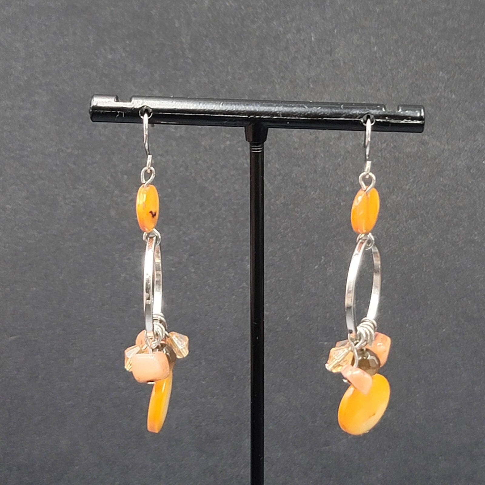 Pierced Earrings Silver tone Orange Shells Dangle Beads 2"