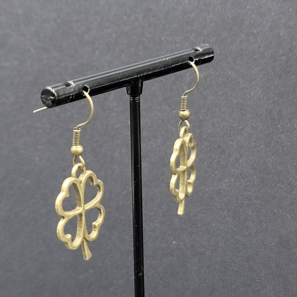New 4 Leaf Clover Pierced Earrings Lucky Shamrock Bronze tone Dangle 1"