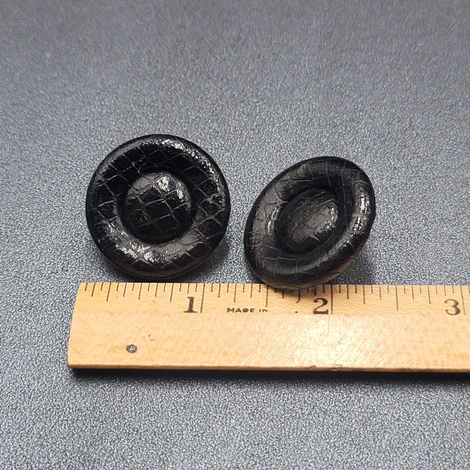 Vintage Pierced Earrings Faux Snake Skin Black Button Studs 1 1/8"