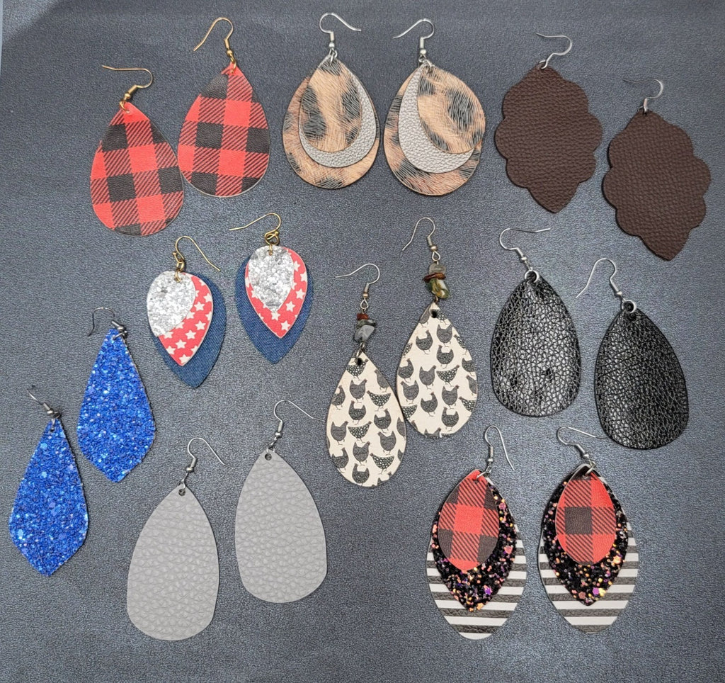 Lot of 9 Pierced Earrings Teardrop Dangle Multicolor Faux Leather Felt Denim