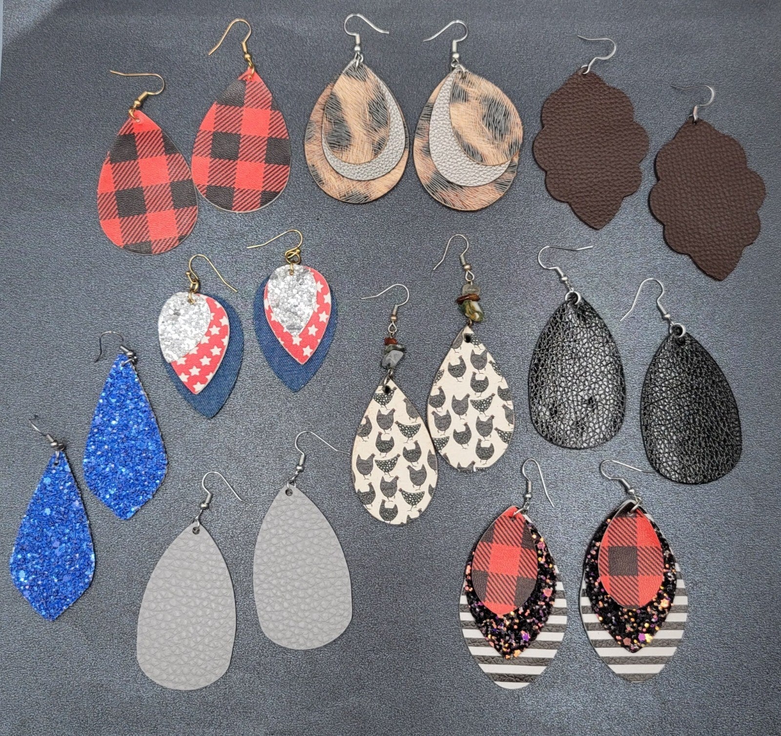 Lot of 9 Pierced Earrings Teardrop Dangle Multicolor Faux Leather Felt Denim