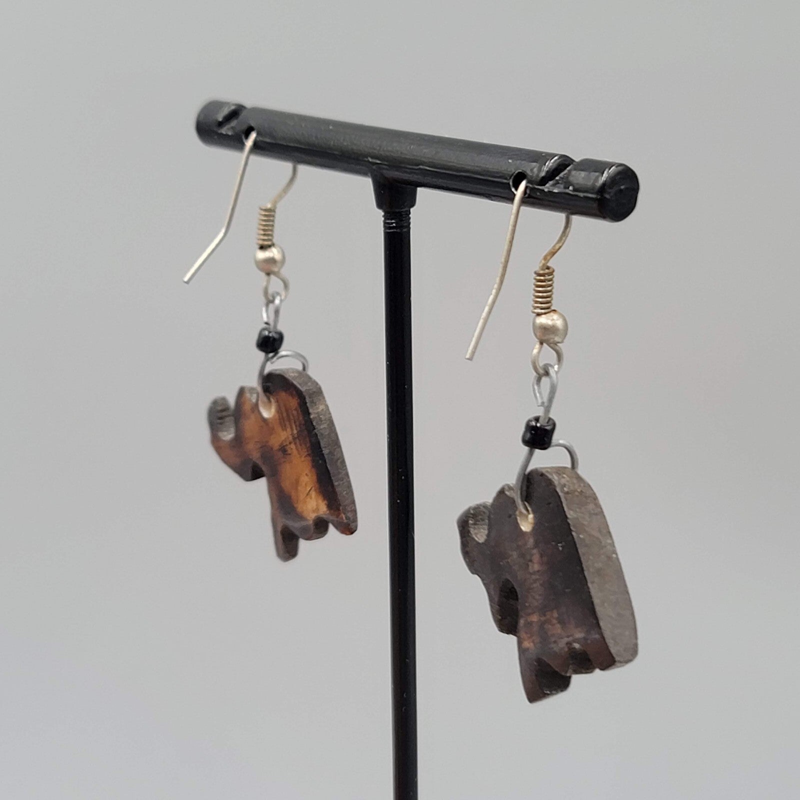 Vintage Elephant Pierced Earrings Hand Carved Wood Dangle Silver tone Hooks 1"