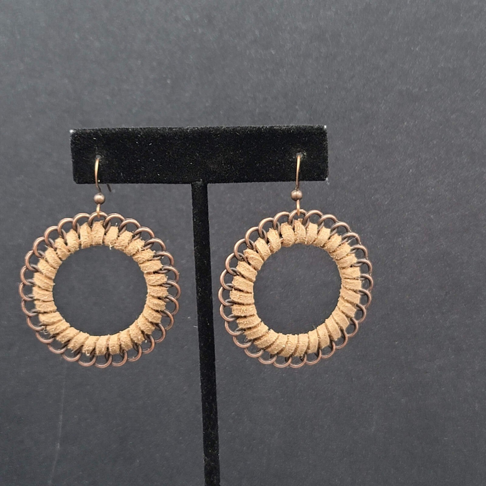 New Boho Pierced Earrings Copper tone Faux Leather Laced Hoops 1.75"