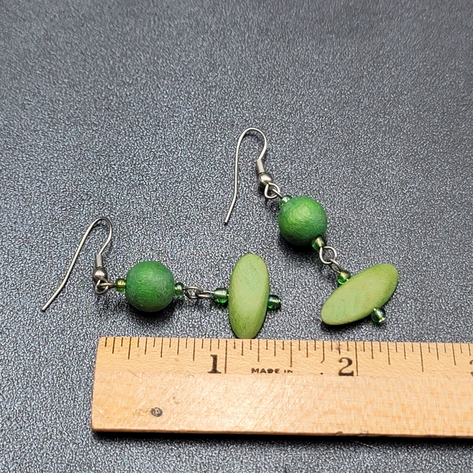 Pierced Earrings Silver tone Green Wood Bead Dangle 1.5"