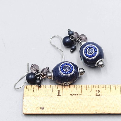 Blue Bead Pierced Earrings Crystal Silver tone Dangle 1.25 in