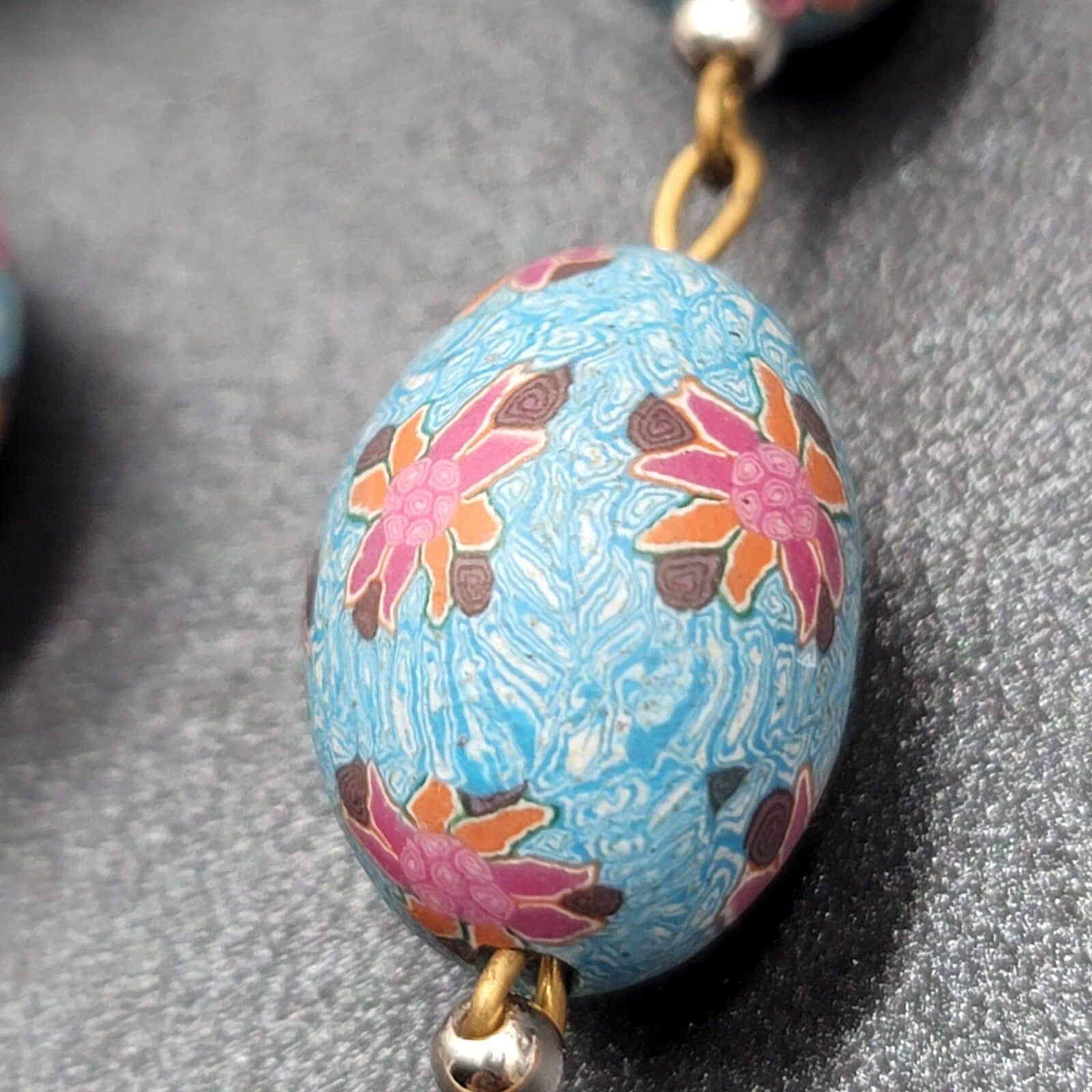 Vintage Pierced Earrings Gold tone Blue Flower Bead Long Dangle 2.25"
