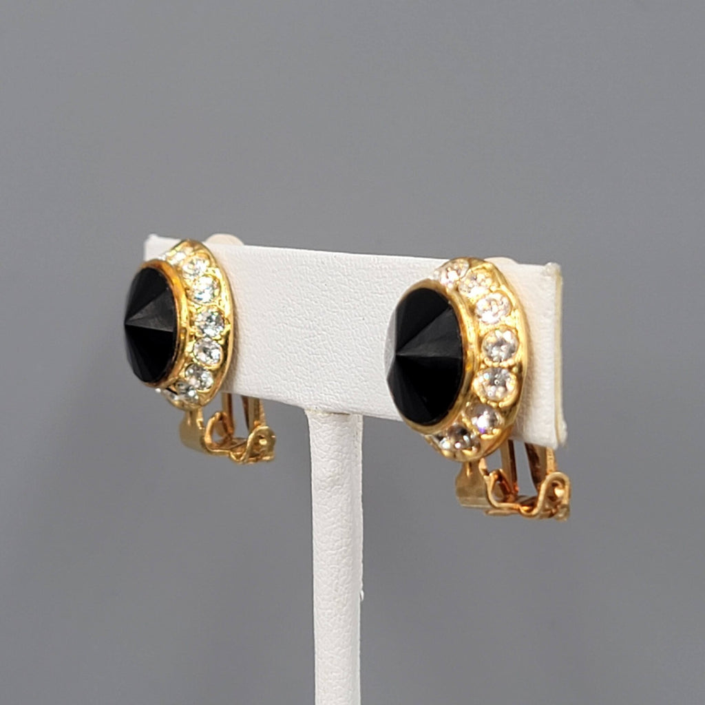 Vintage Black Rivoli Rhinestone Studs Clip on Earrings Round 5/8"