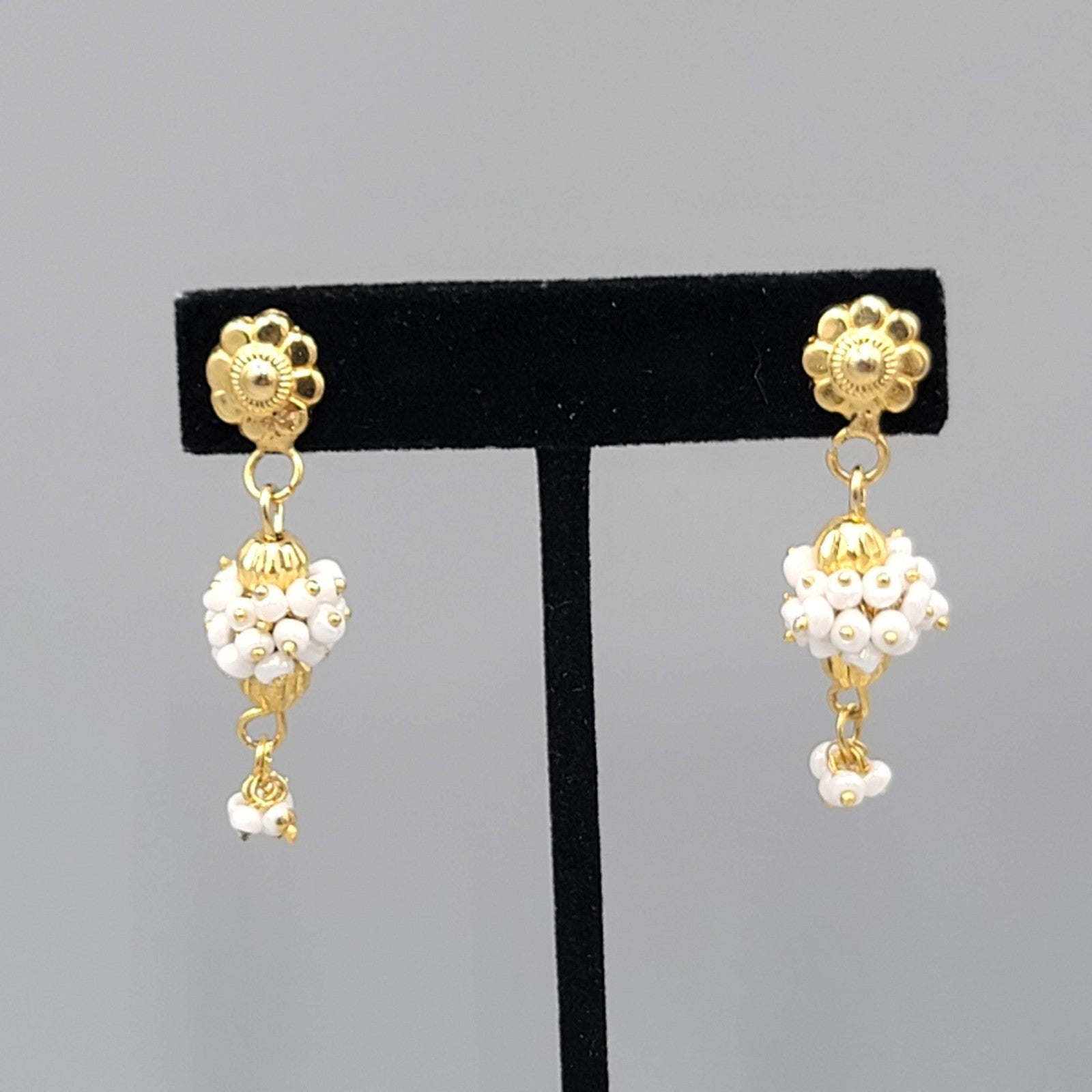 India Gold Plated Pierced Earrings White Bead Dangle 1.5"