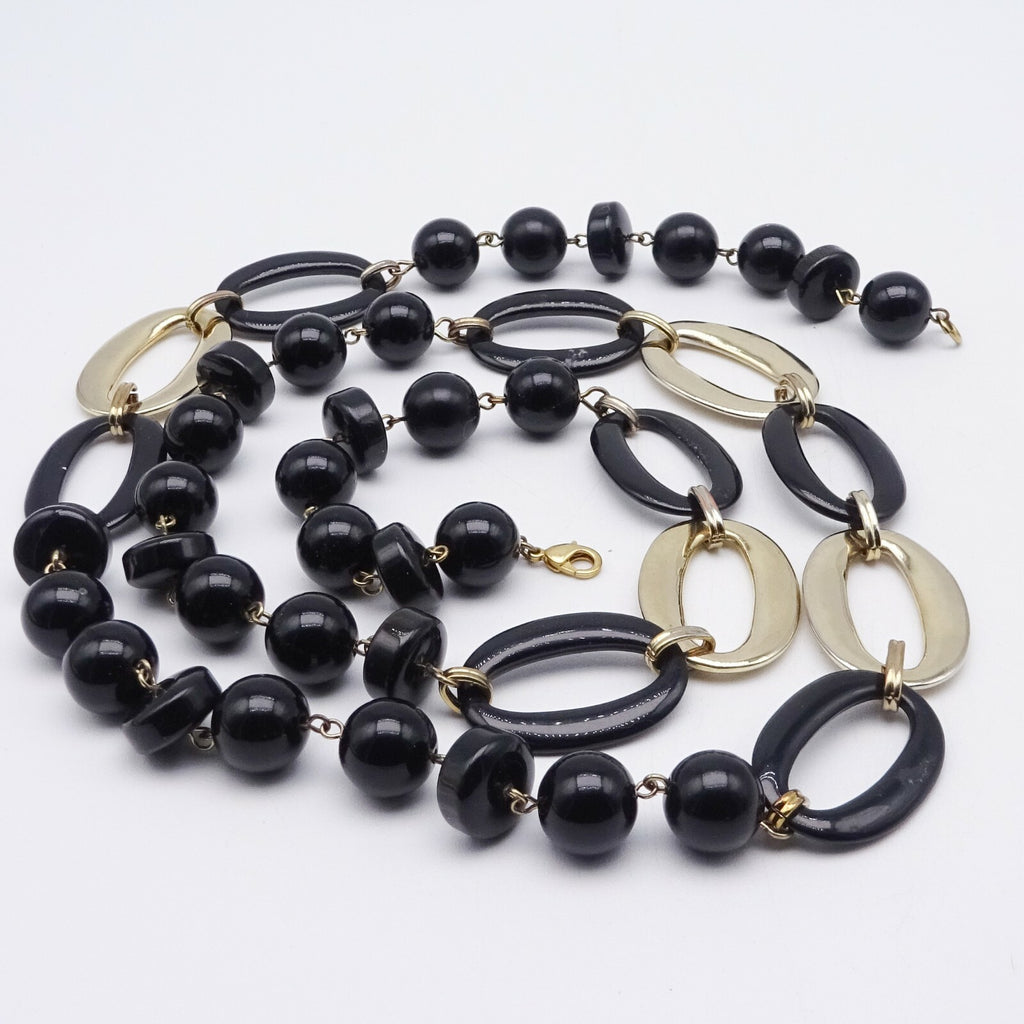 Vintage Necklace Black and Gold tone Bead Statement Estate Costume Jewelry 36"