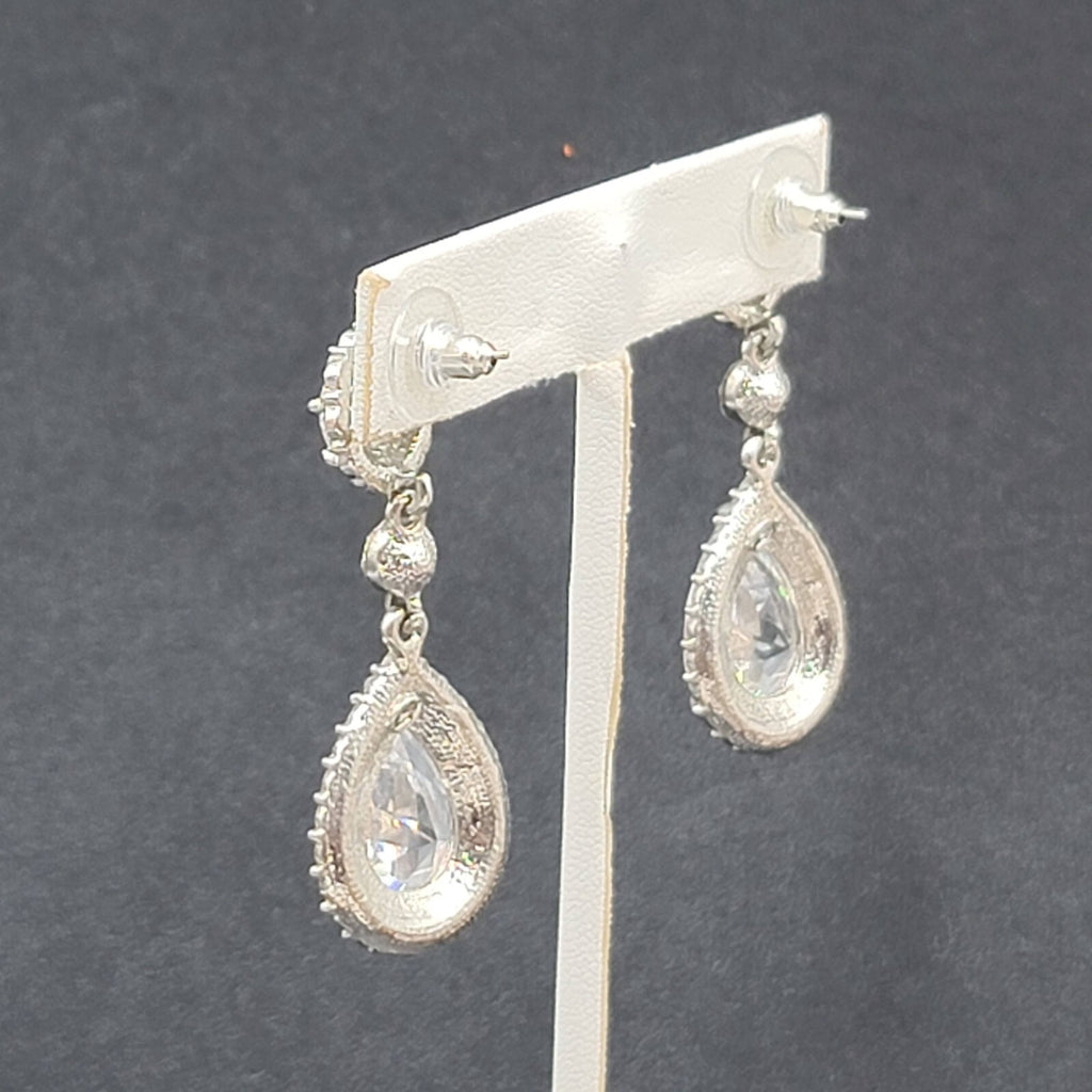 Pierced Earrings Silver tone Large Rhinestone Signed Wedding Prom Well Made 2"