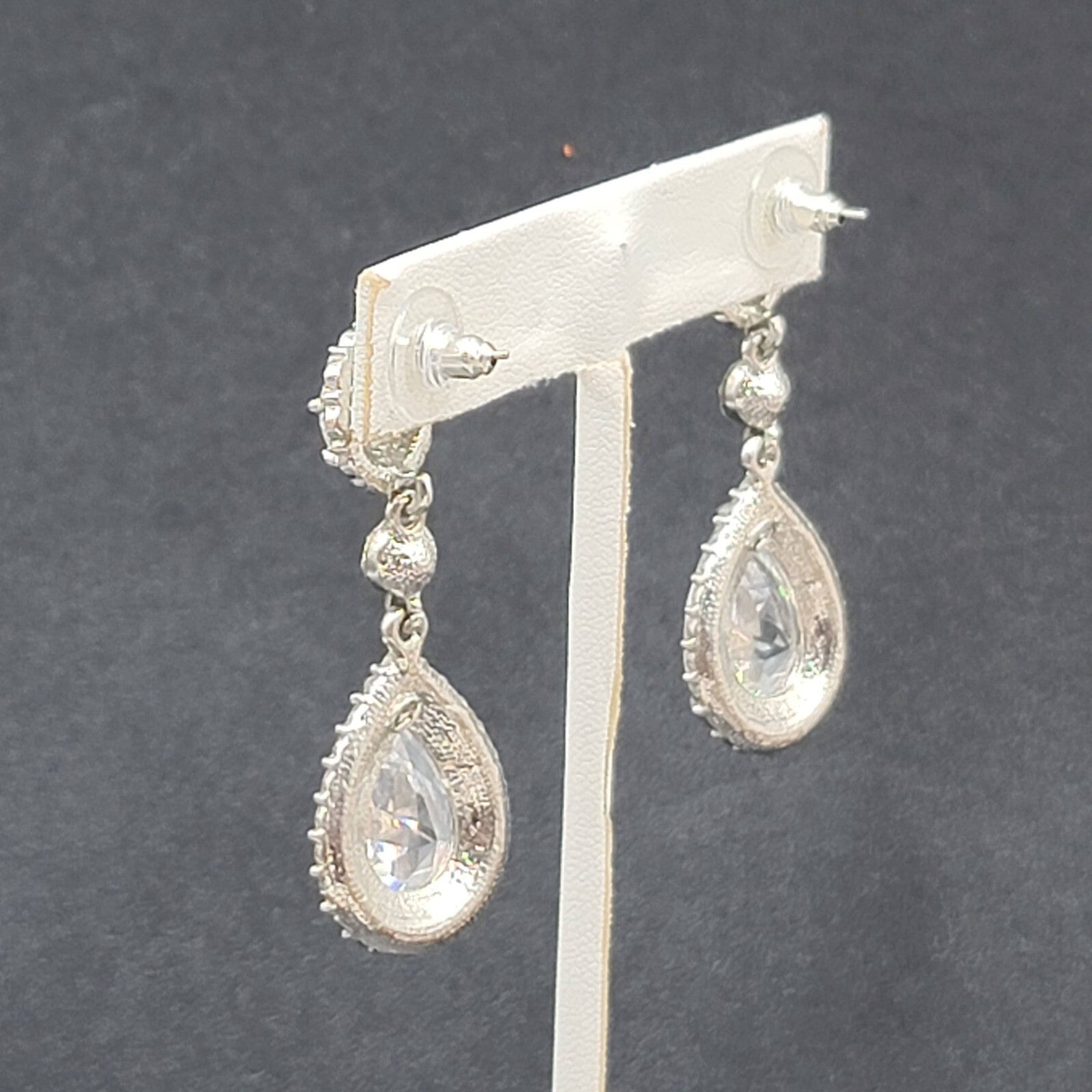 Pierced Earrings Silver tone Large Rhinestone Signed Wedding Prom Well Made 2"
