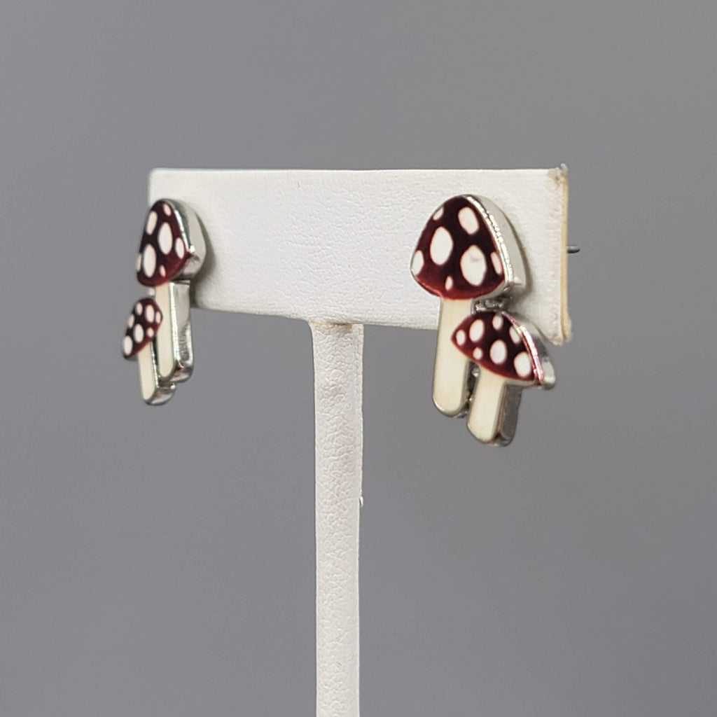 Attic Salt Pierced Earrings Polka Dot Mushroom Silver tone Drop 3/4"