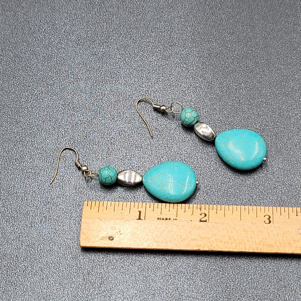 Pierced Earrings Silver tone Dyed Blue Howlite Teardrop Stone Beads 2"