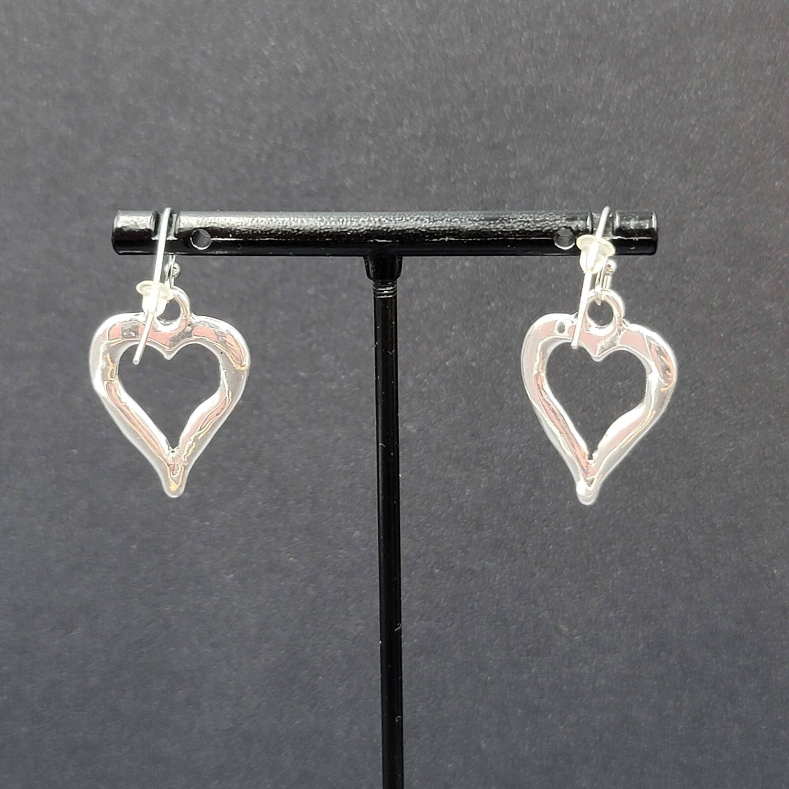 Pierced Earrings Silver tone Open Heart Dangle 1"