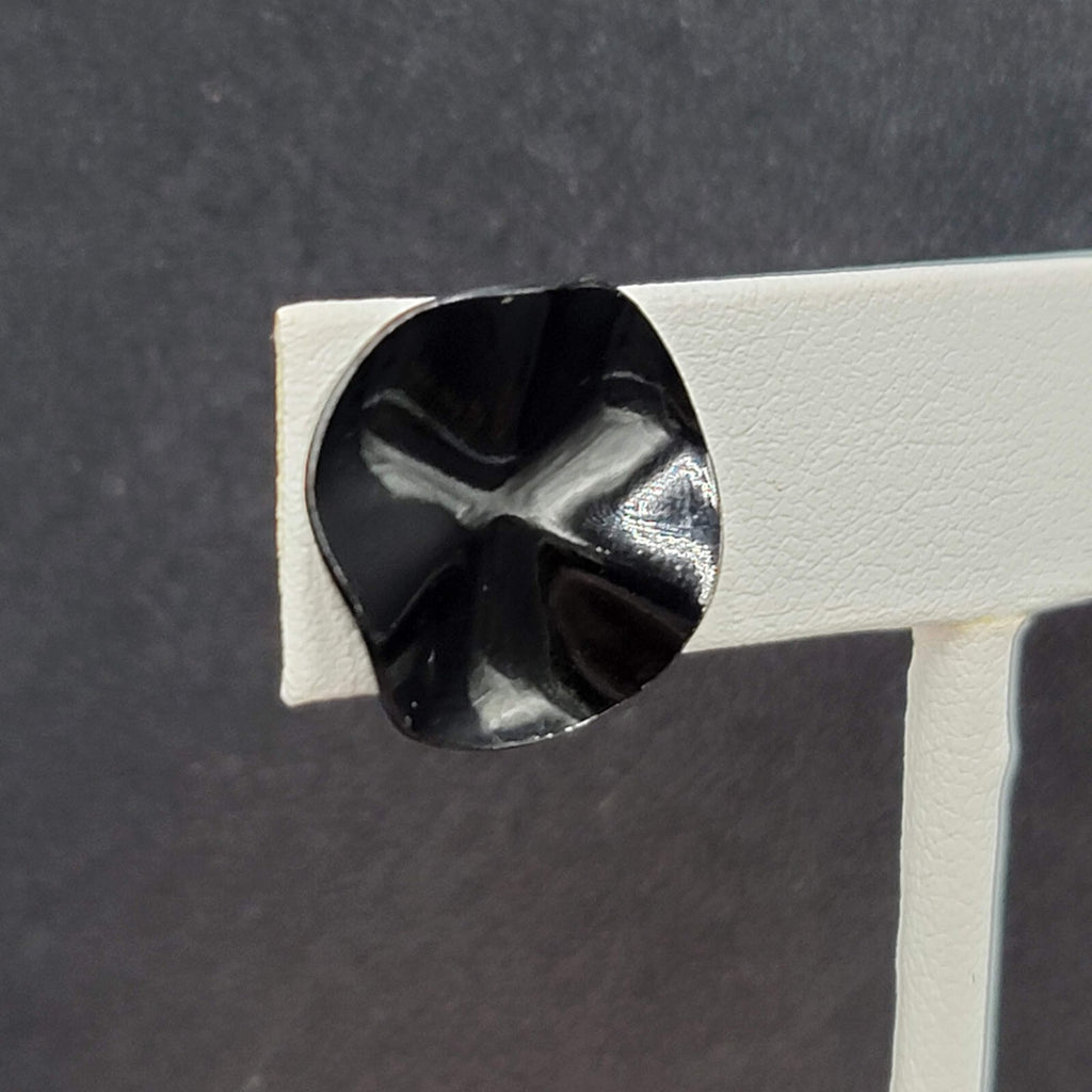 Vintage Pierced Earrings Black Enamel Wavy Round Studs 5/8"