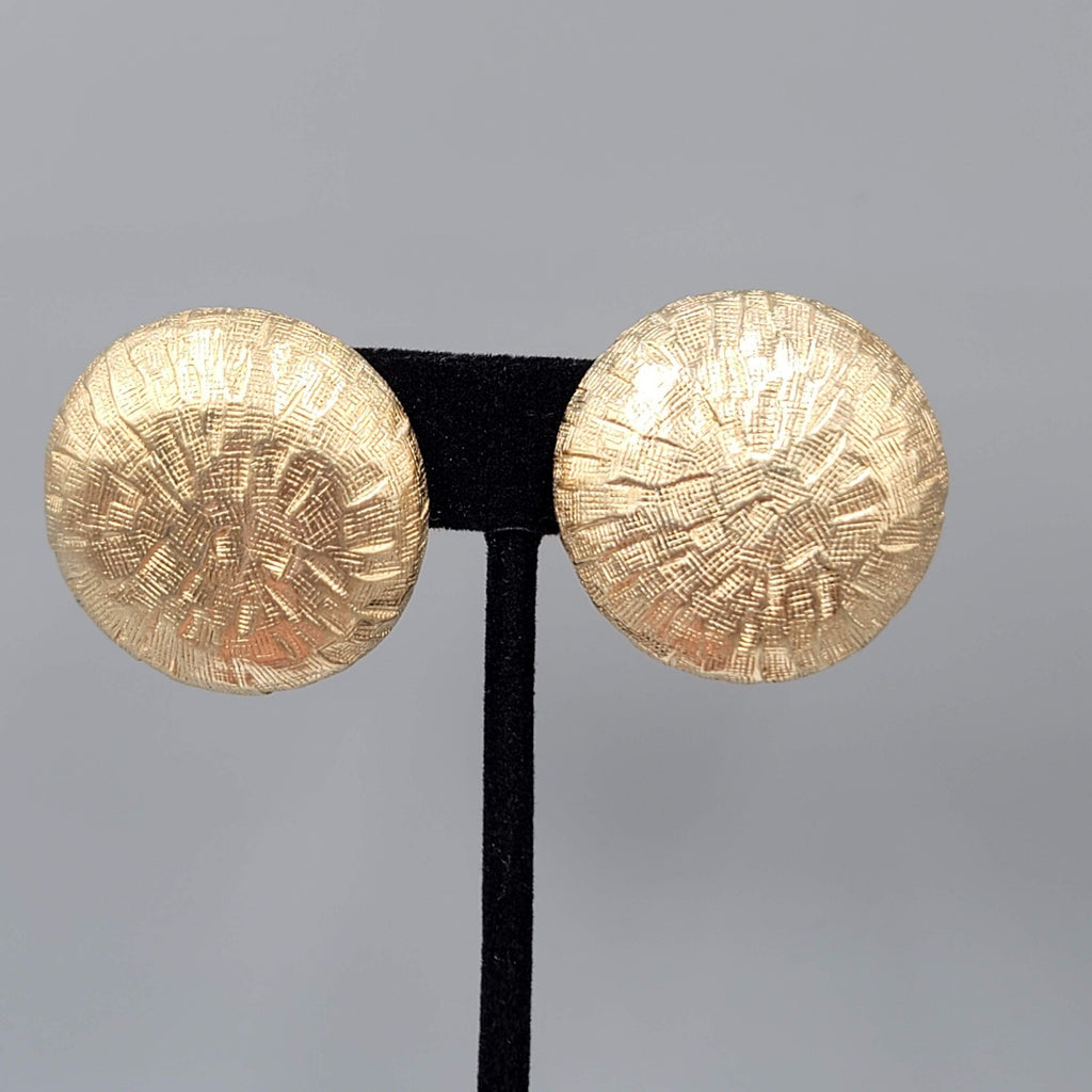 Vintage Castle Cliff Clip on Earrings Large Textured Gold tone Dome 1.25" Heavy