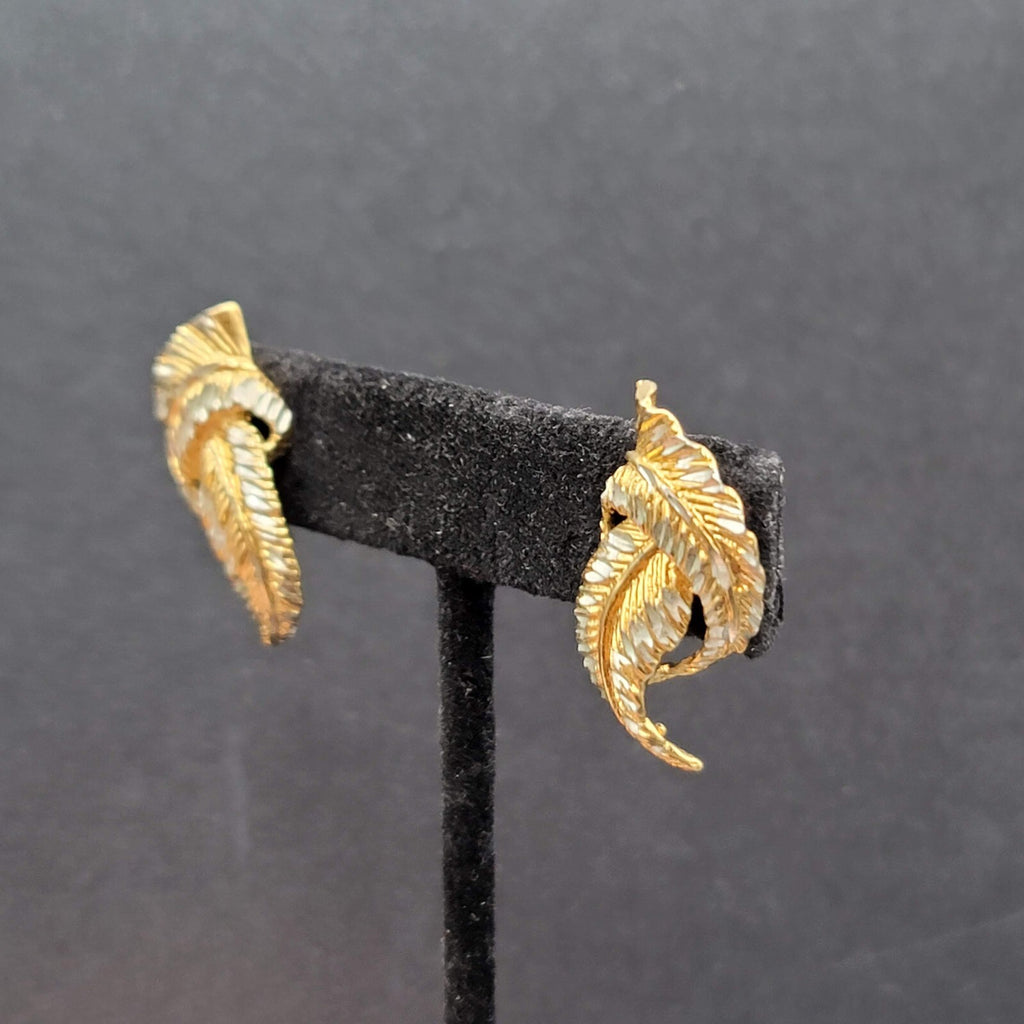 Sterling Silver Pierced Earrings 925 Gold Vermeil 2 Toned Drop Feather  1.25"