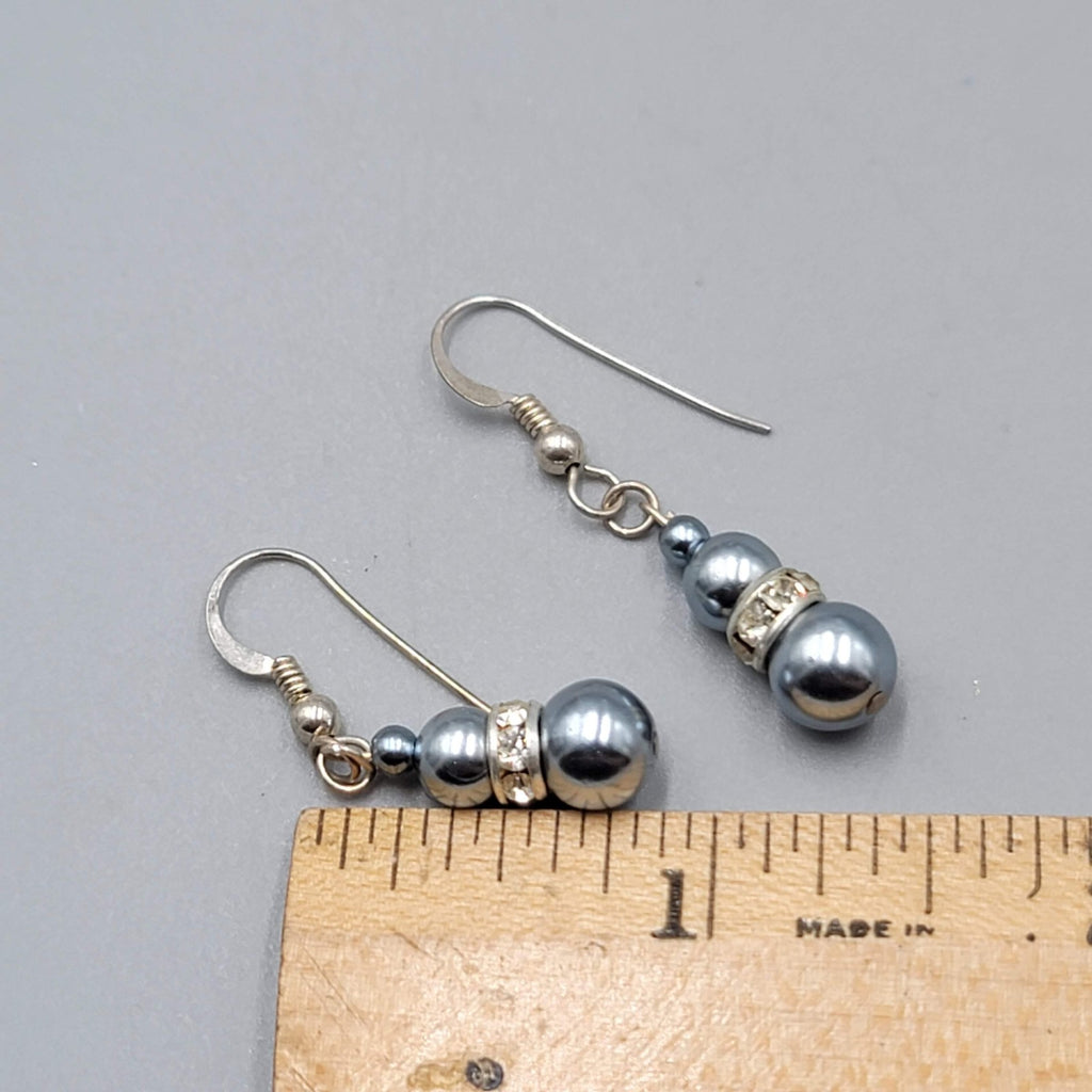 Faux Blue Pearl Bead Pierced Earrings Rhinestone Spacer Dangle 7/8"