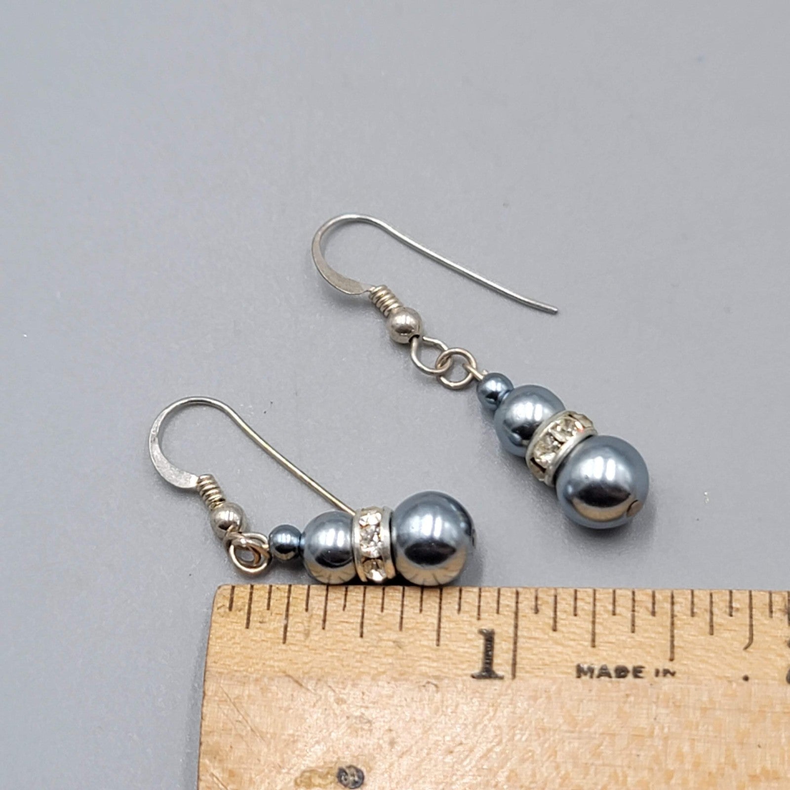 Faux Blue Pearl Bead Pierced Earrings Rhinestone Spacer Dangle 7/8"