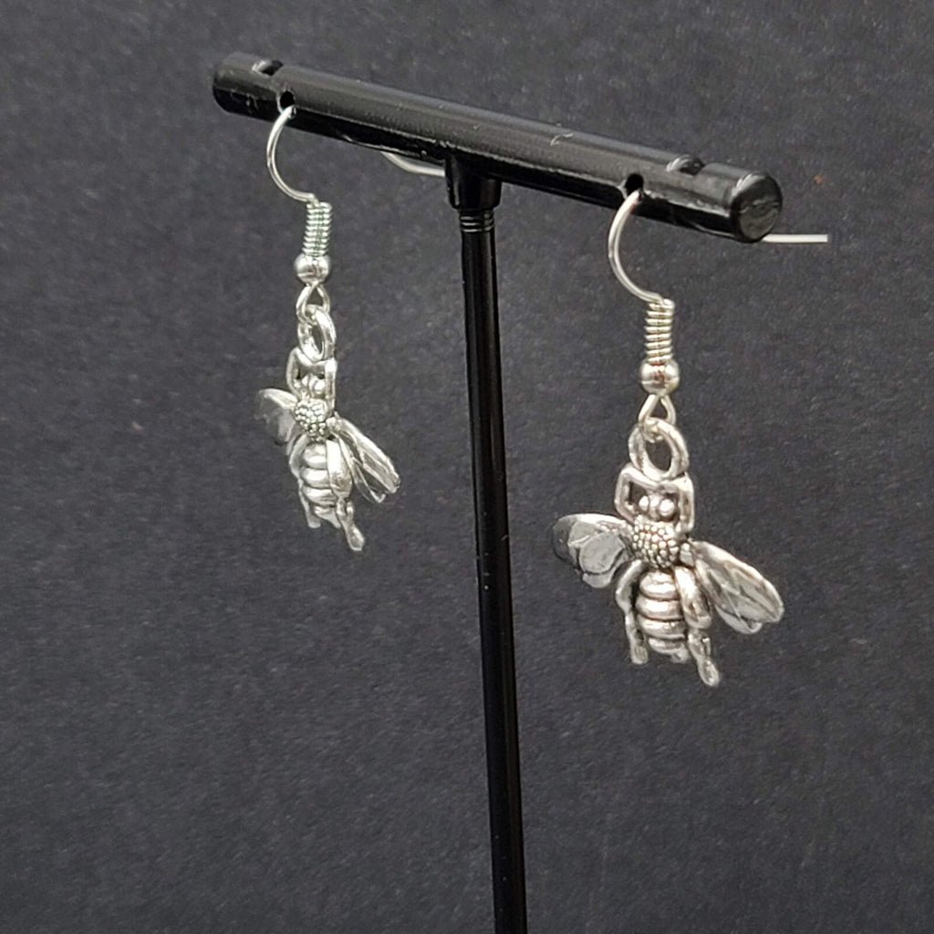 Flying Bee Pierced Earrings Silver tone Dangle 3/4"