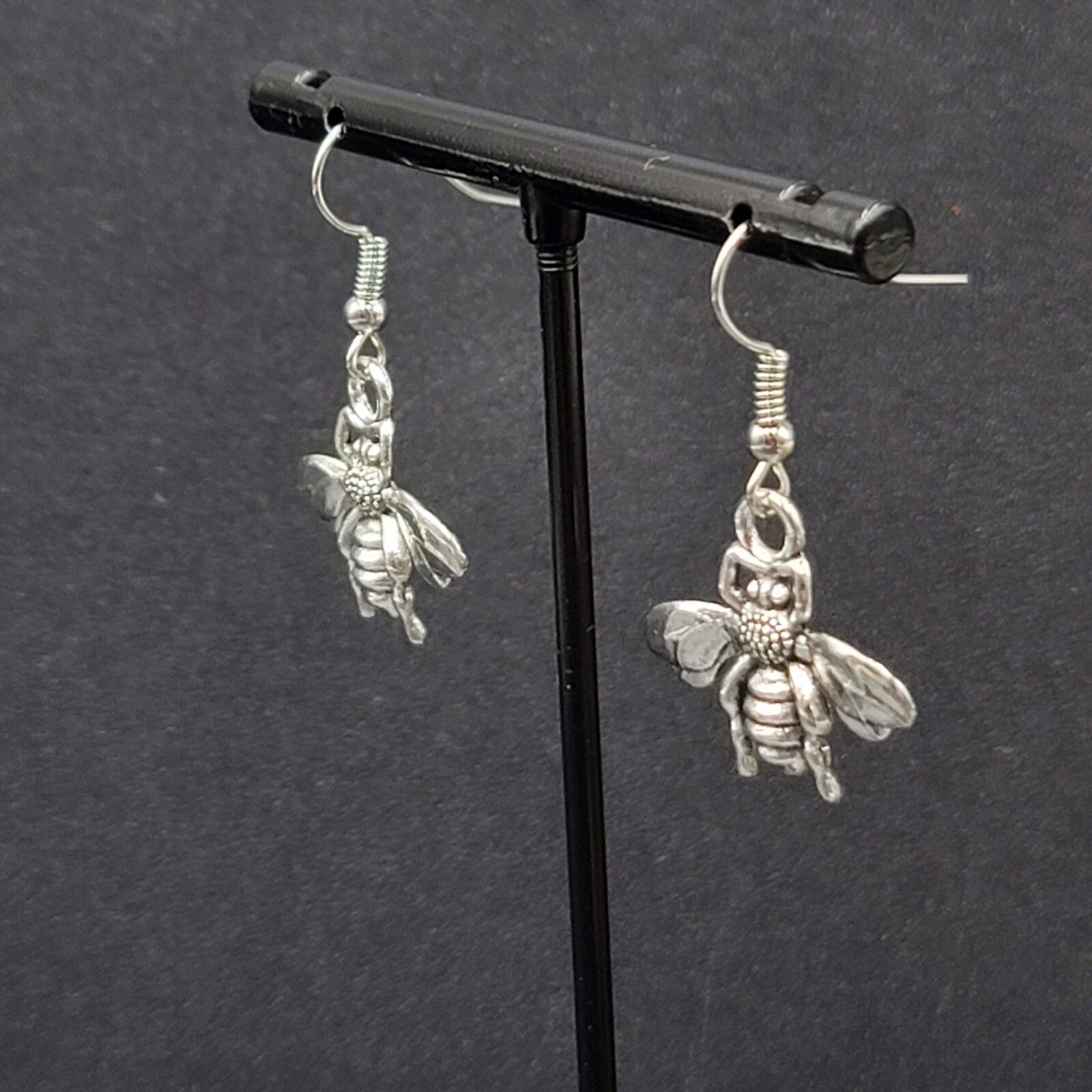 Flying Bee Pierced Earrings Silver tone Dangle 3/4"