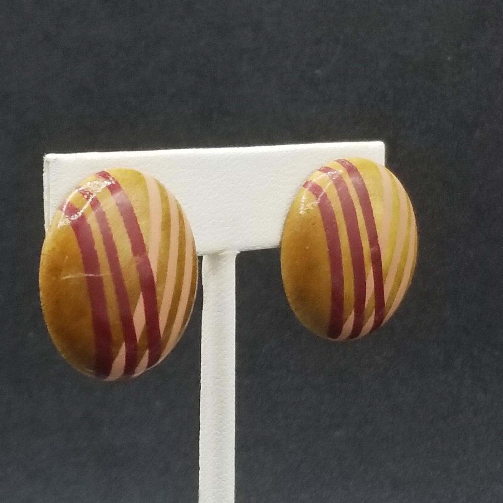 Vintage Clip on Earrings Pink Red Painted Wood Dome Button Statement Stud 1"