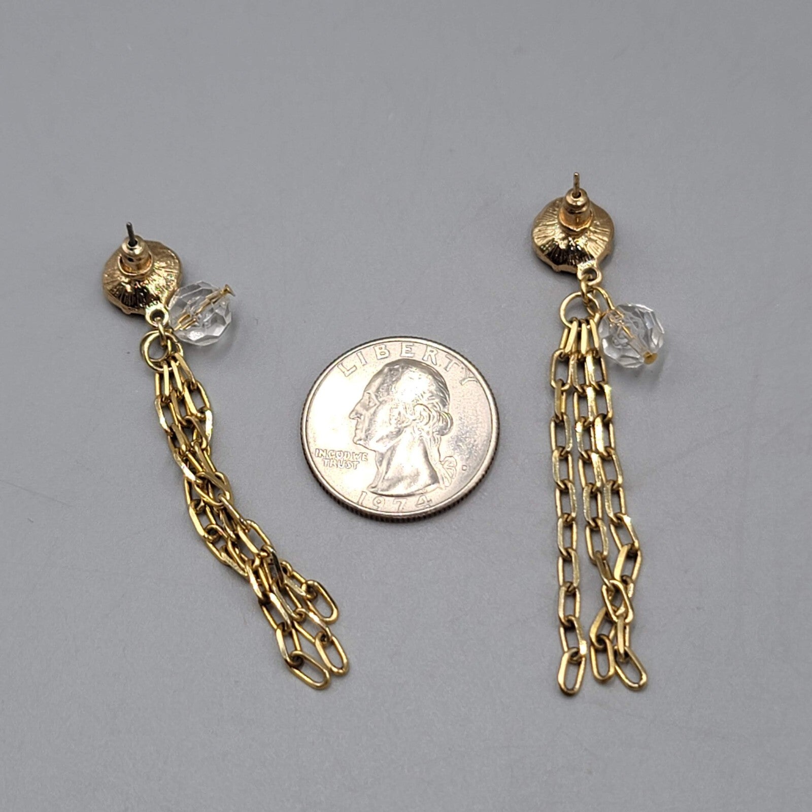 Gold tone Dangle Chains Pierced Earrings Translucent Rhinestone 2.5"