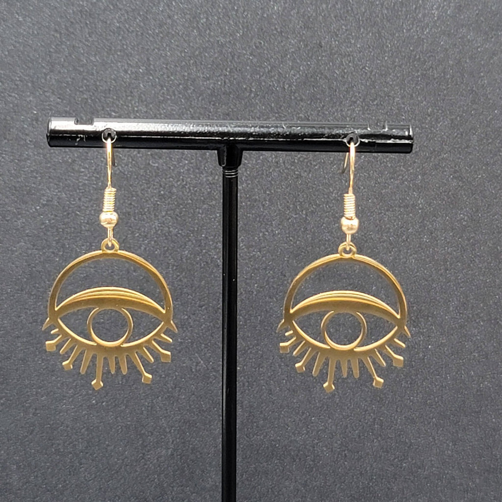New Evil Eye Pierced Earrings Sun Rays Gold Plated Statement Dangle 1"