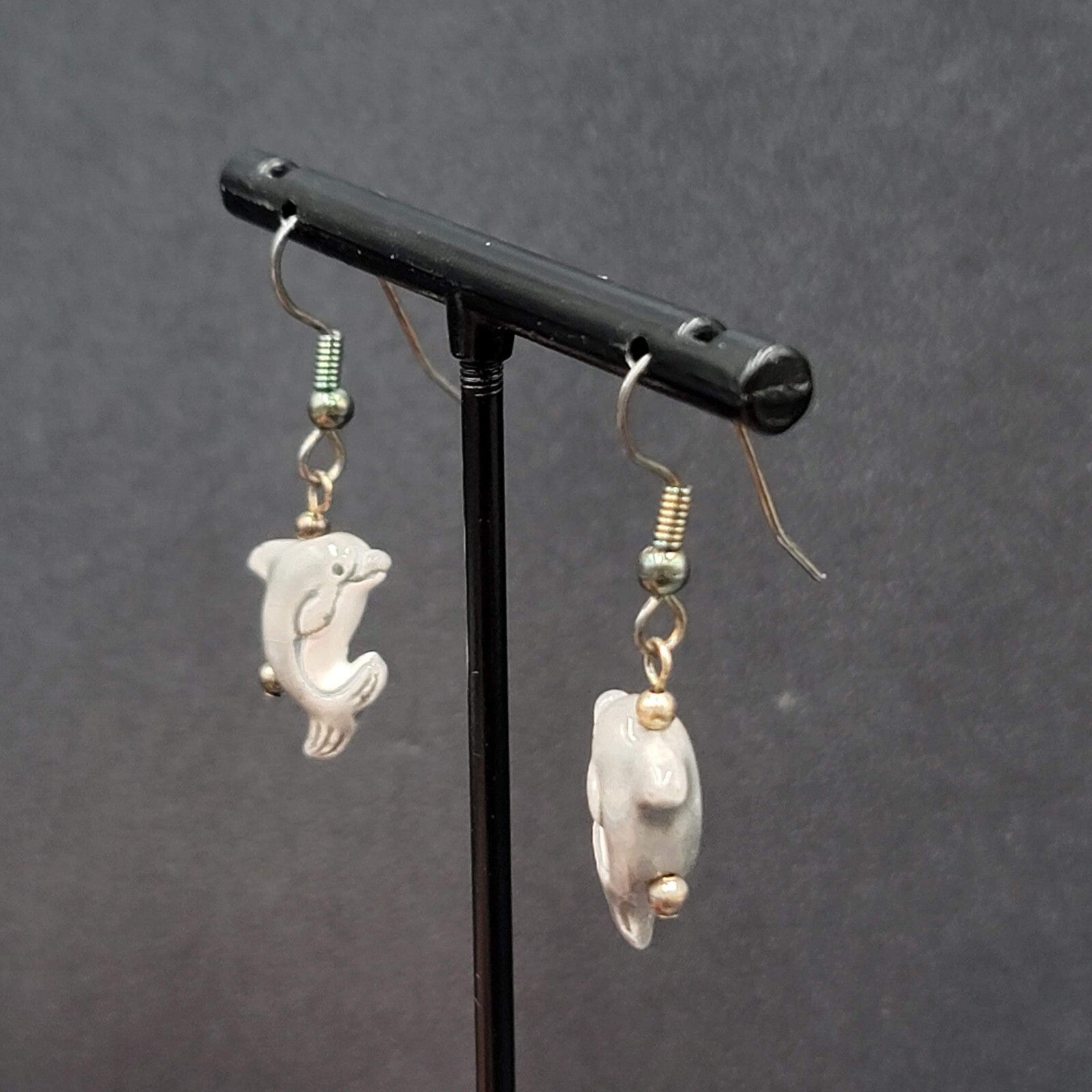 Pierced Earrings Porcelain Dolphin Dangle So Cute! 3/4"