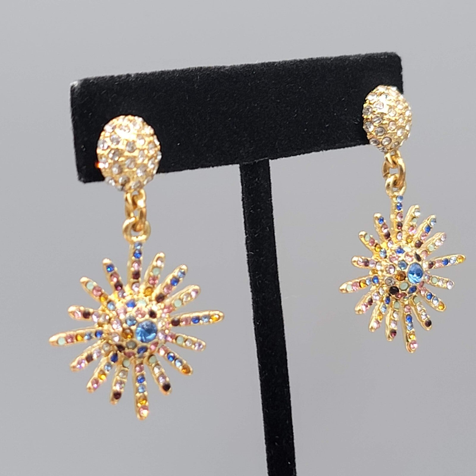 Pierced Earrings Gold tone Multicolor Crystal Starburst Sun Dangle 1.75"