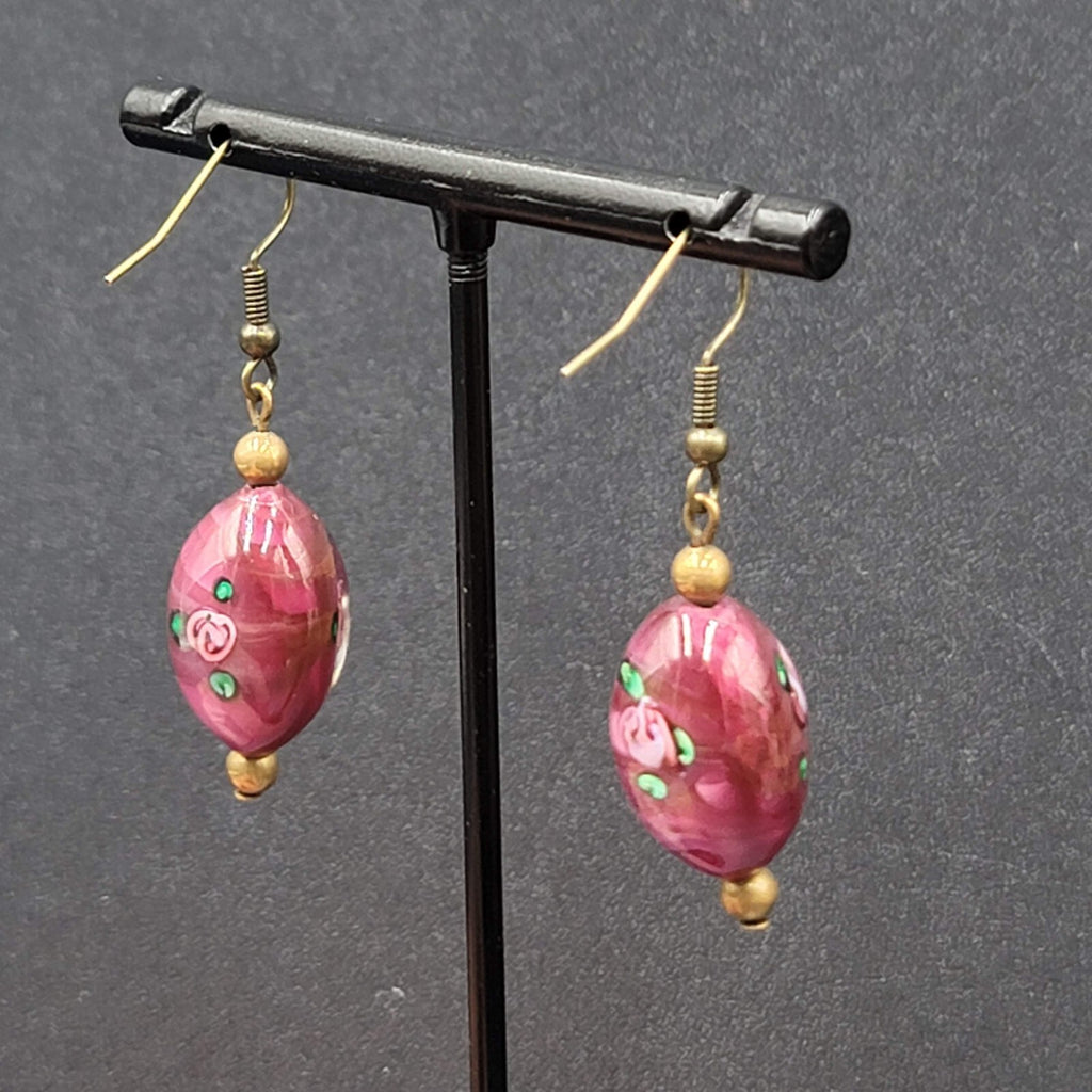 Art Glass Bead Pierced Earrings Bronze tone Pink Flower Dangle 1.25"