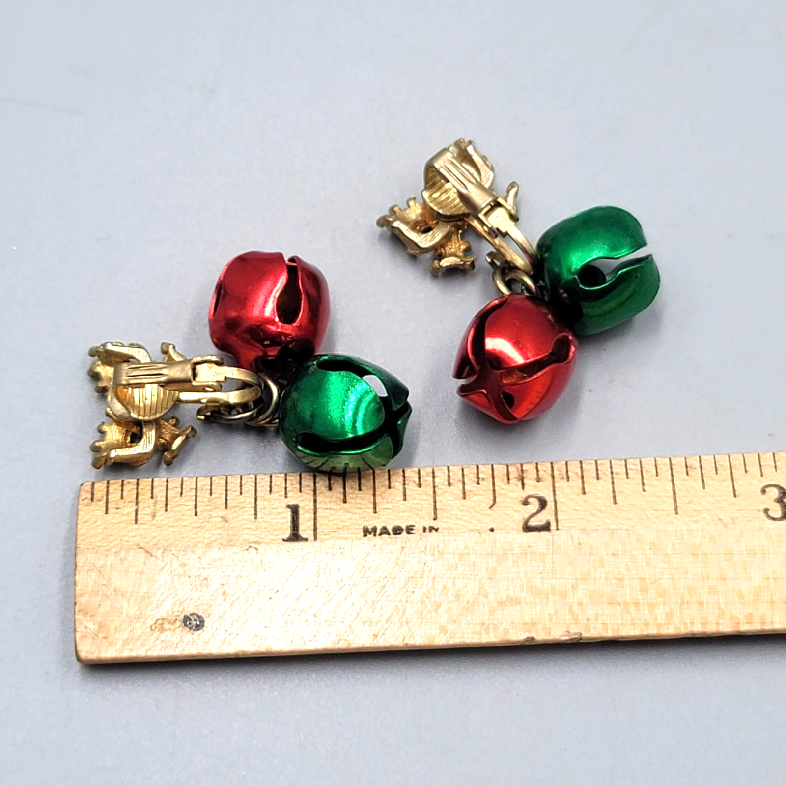 Vintage Christmas Bow Bells Clip on Earrings Gold tone Dangle 1.5"
