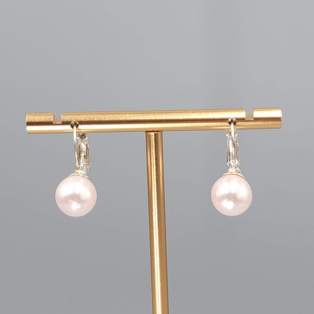 Pink Faux Pearl Pierced Earrings Silver tone Drop Leverback  3/8 in