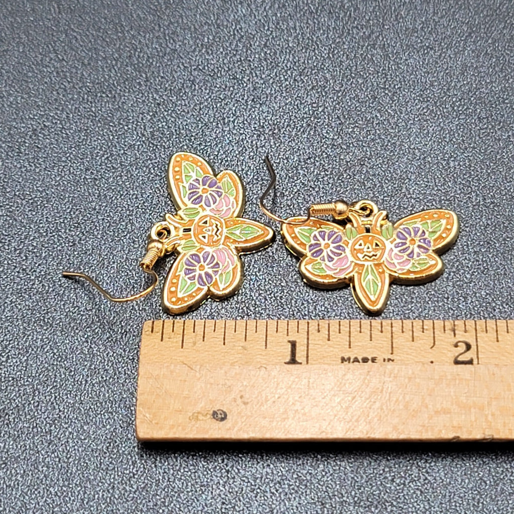 Halloween Moth Pierced Earrings Jack o Lantern Flowers Gold tone Dangle 3/4"