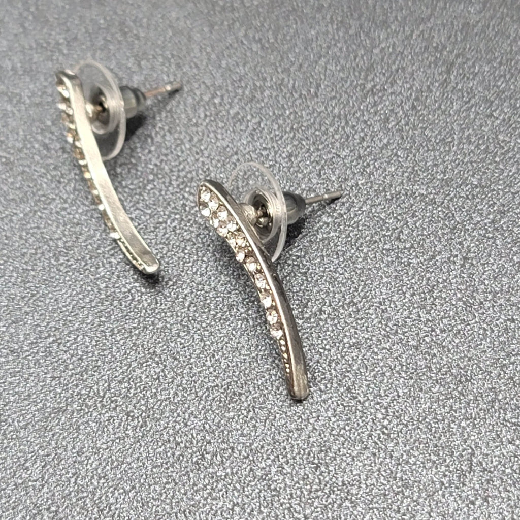 Pierced Earrings Silver tone Clear Rhinestone Drop 1"