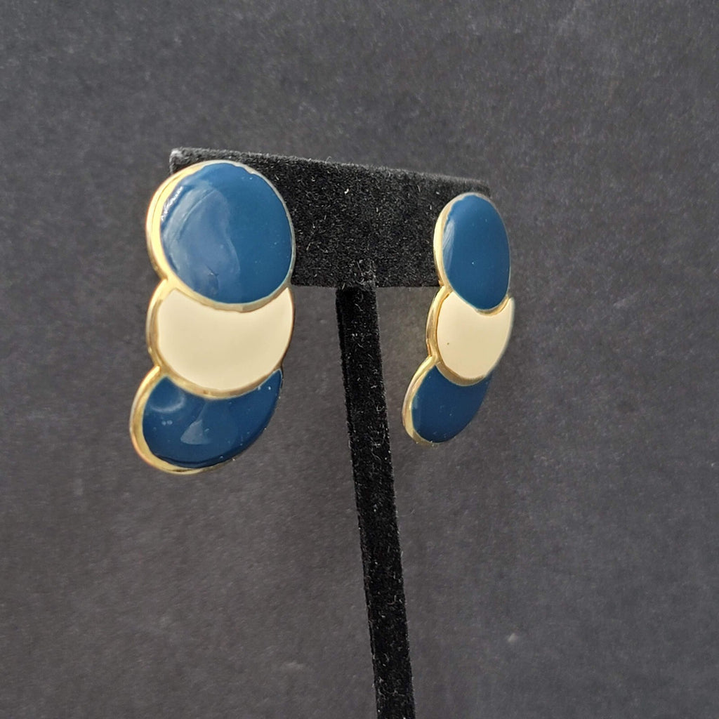 Vintage Pierced Earrings Navy Cream Enamel Drop 80's 1 3/8"