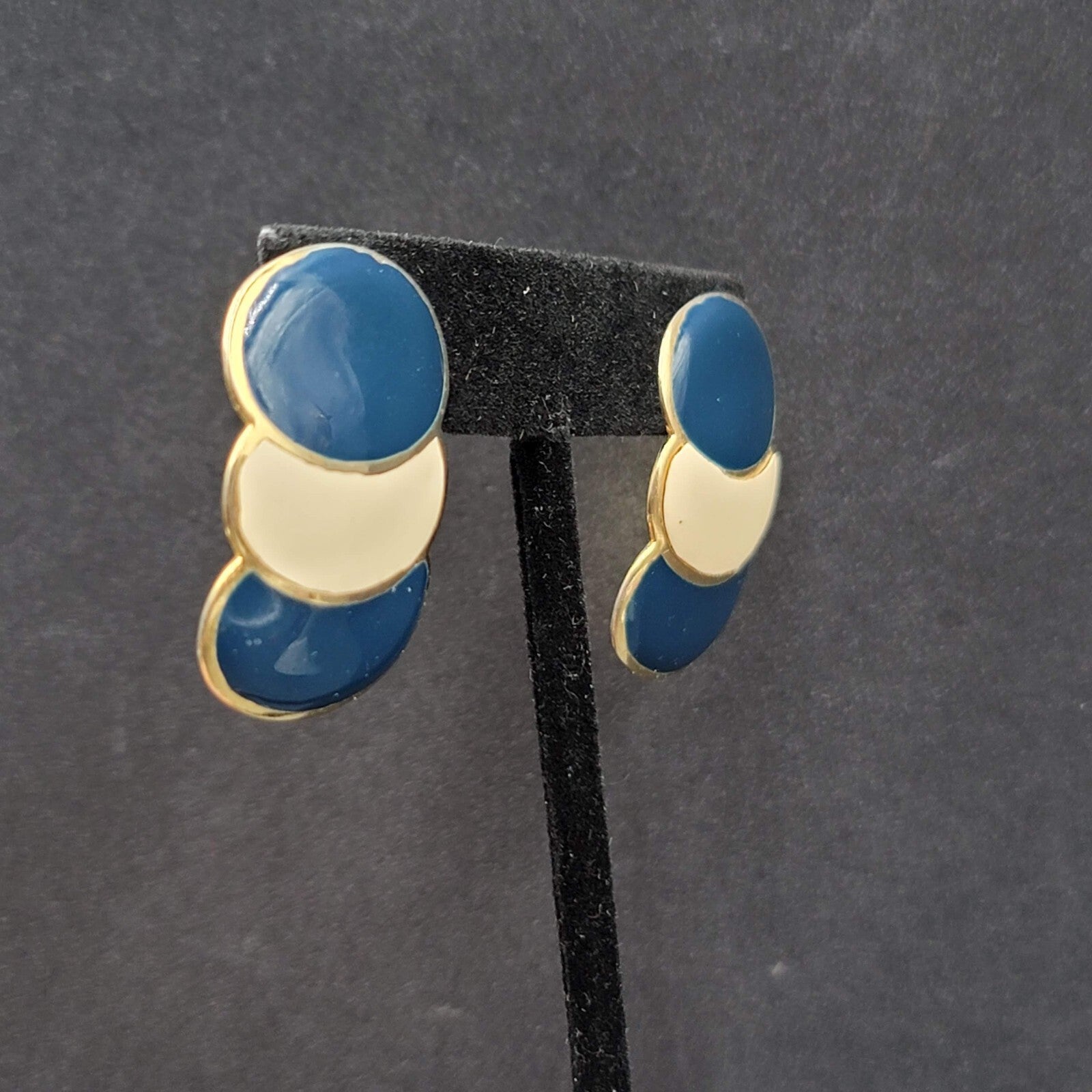 Vintage Pierced Earrings Navy Cream Enamel Drop 80's 1 3/8"