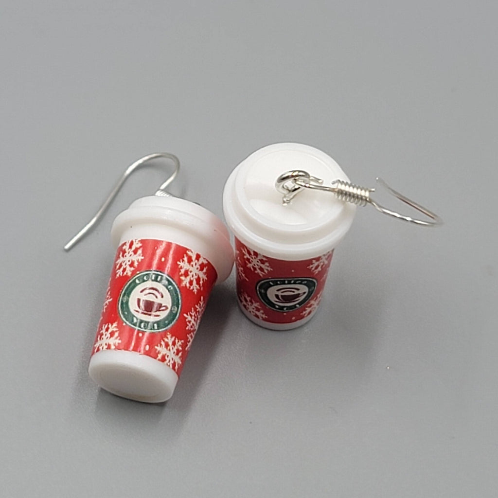 Holiday Cup Pierced Earrings Coffee Hot Cocoa Snowflakes Dangle 7/8" NEW