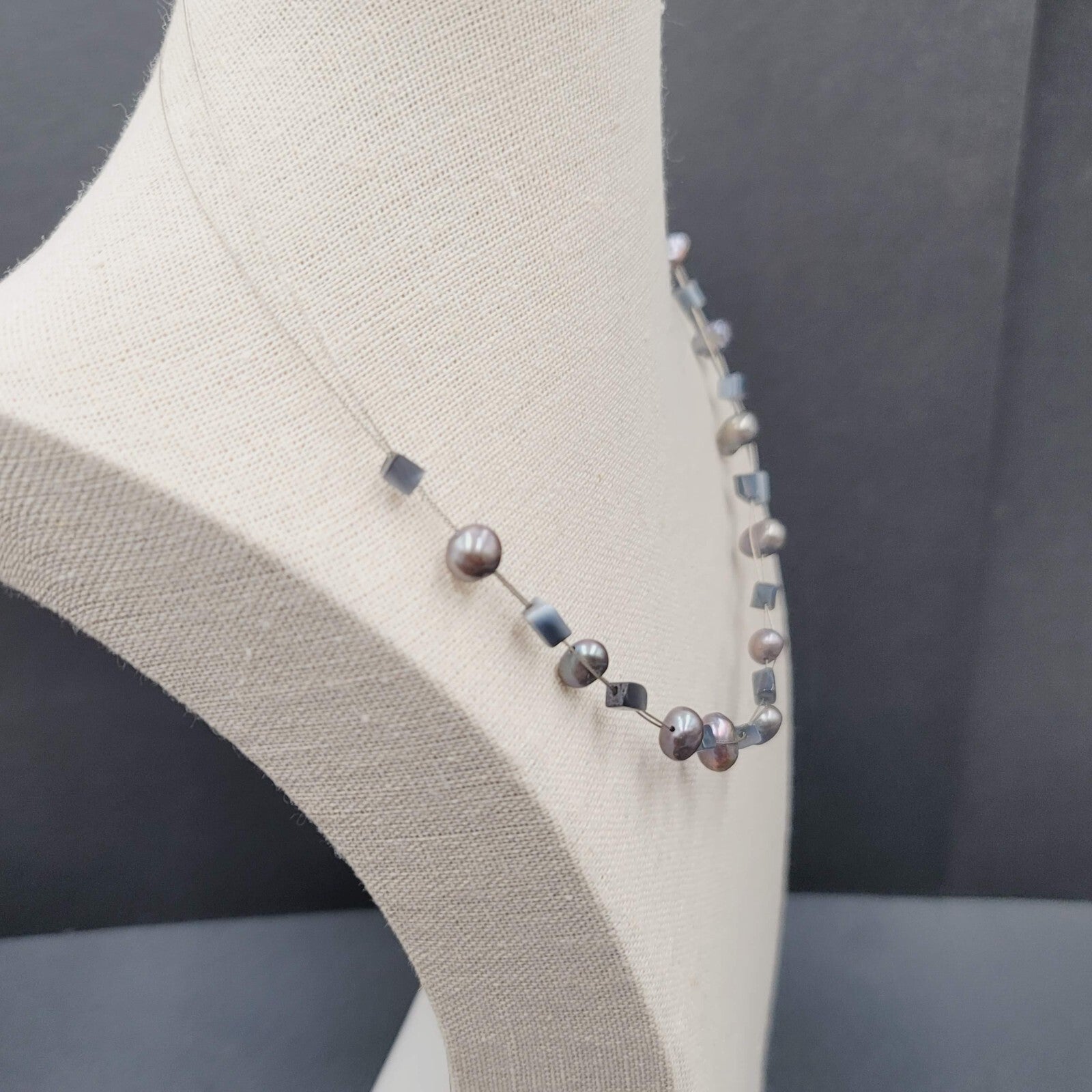 Multi Strand Pearl Station Floating Beads Necklace 18"