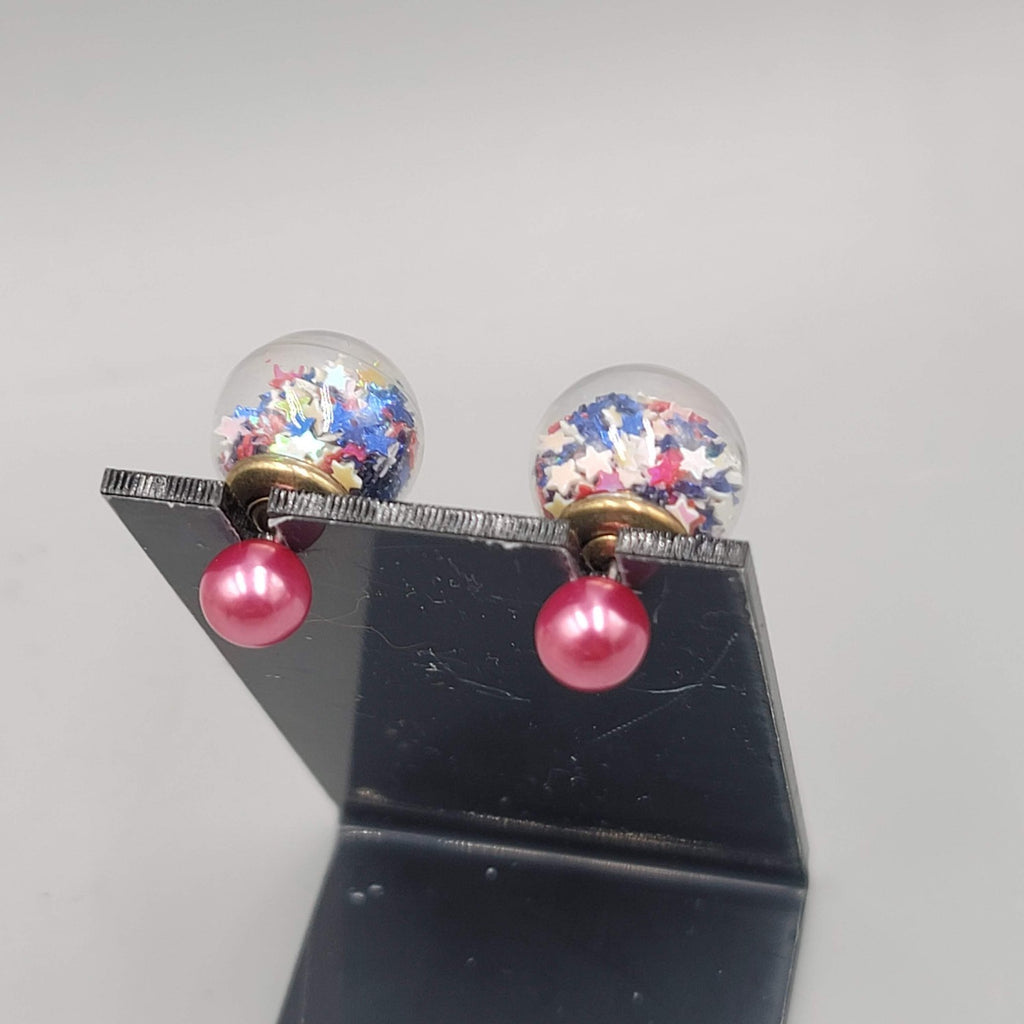 Reversible Stud Pierced Earrings  Star Confetti Glass Globe 5/8 in