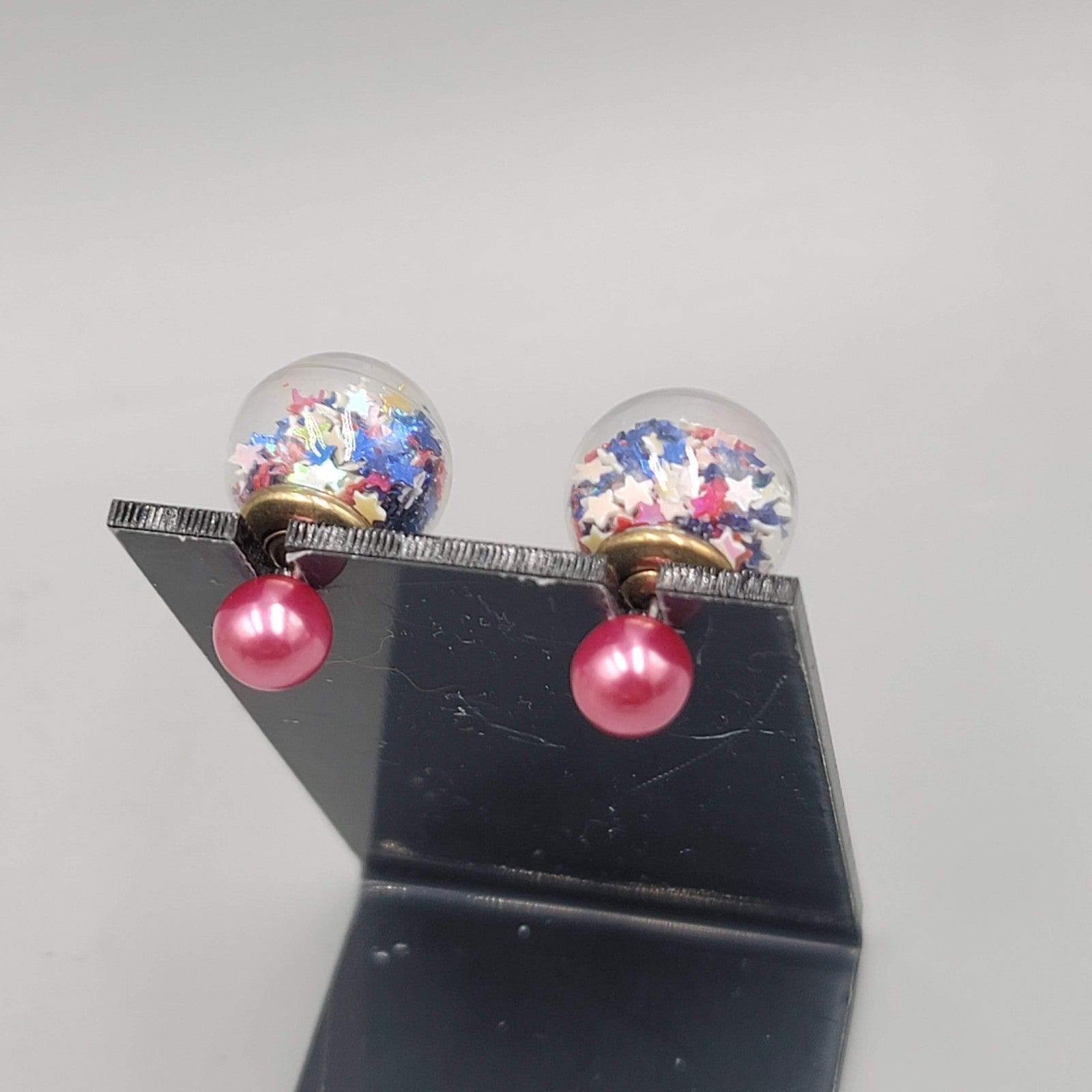 Reversible Stud Pierced Earrings  Star Confetti Glass Globe 5/8 in
