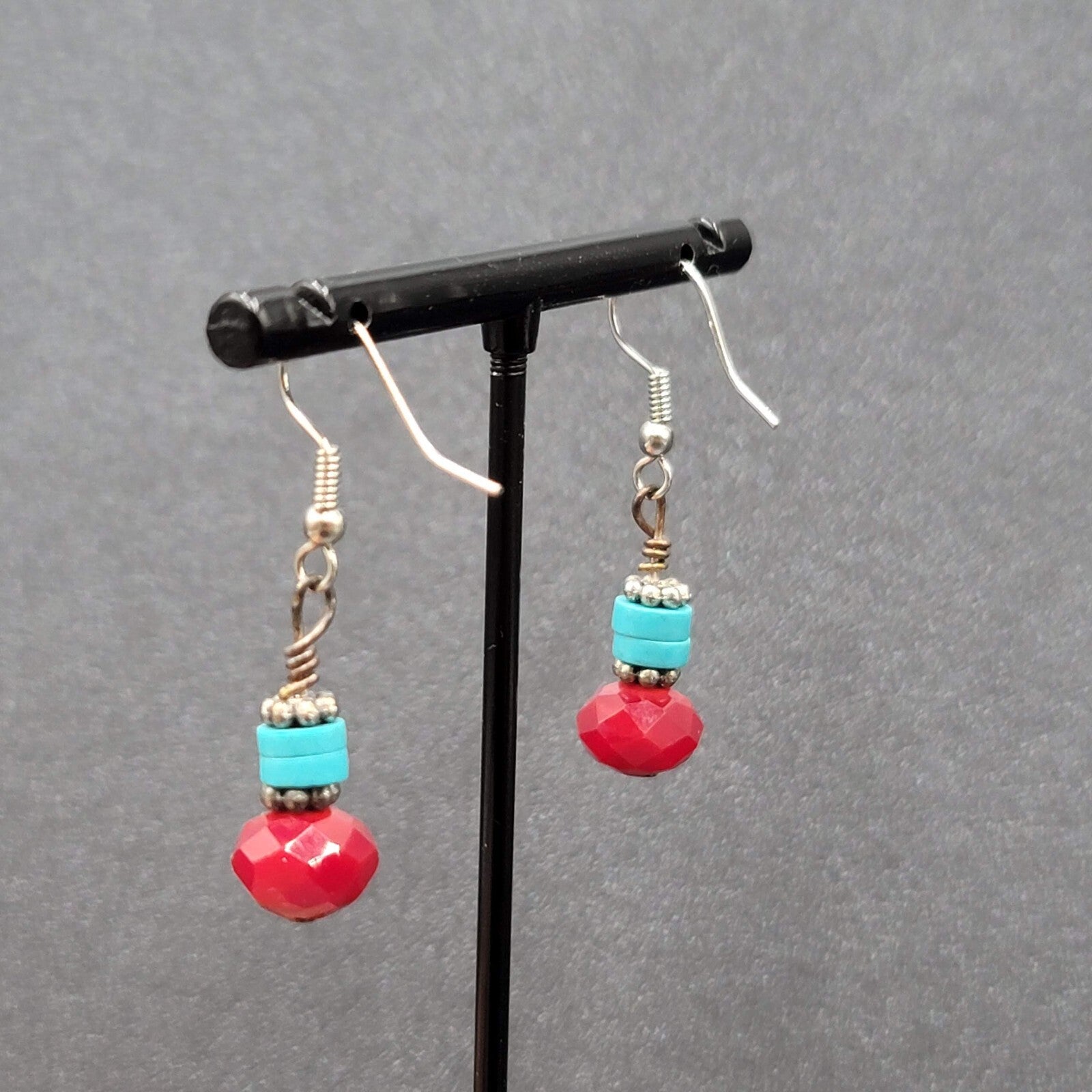 Pierced Earrings Silver tone Red Stone Turquoise Stone Beads Dangle  7/8"