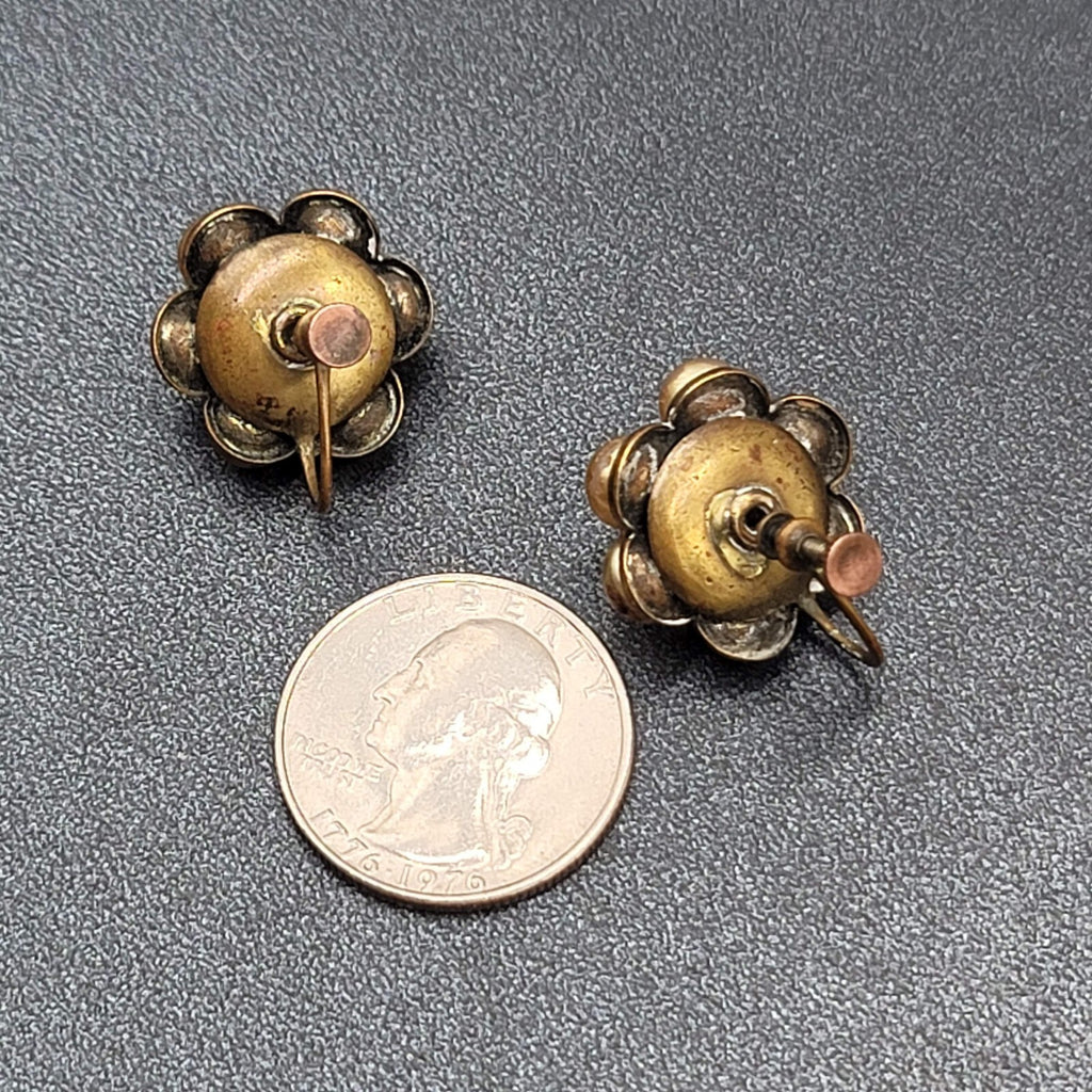 Vintage Clip on Earrings Bronze tone Gold Bead Flower Screw Back Studs 3/4"
